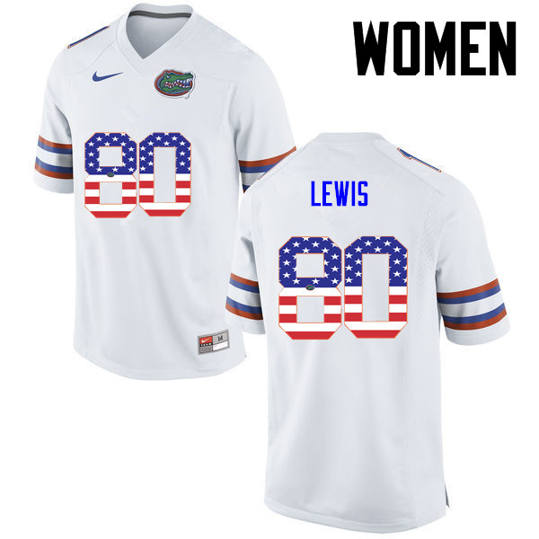Women Florida Gators #80 C'yontai Lewis College Football USA Flag Fashion Jerseys-White - Click Image to Close